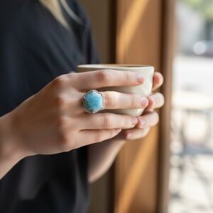 🆕 Larimar Ring Sz 7.5 with Larimar, Sterling & Rhodium Plate to prevent tarnish